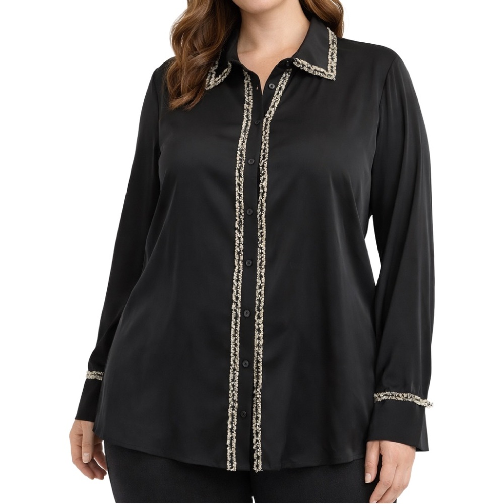 NWT Adrianna Papell Black Silky Woven Blouse w/ Contrast Trim, size L